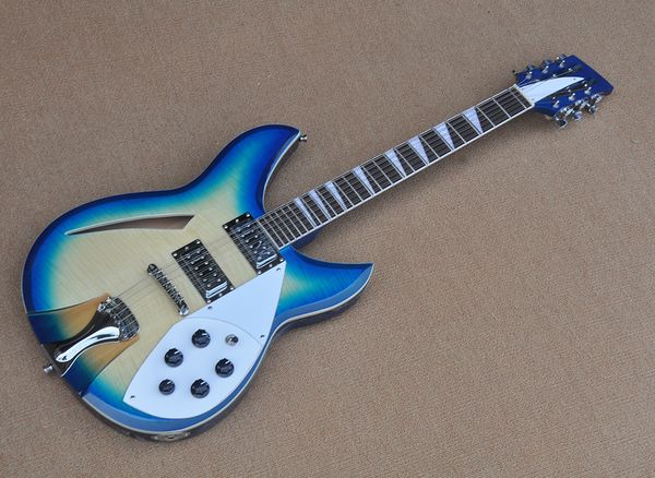 

blue 12 strings semi hollow electric guitar with flame maple veneer rosewood fretboard