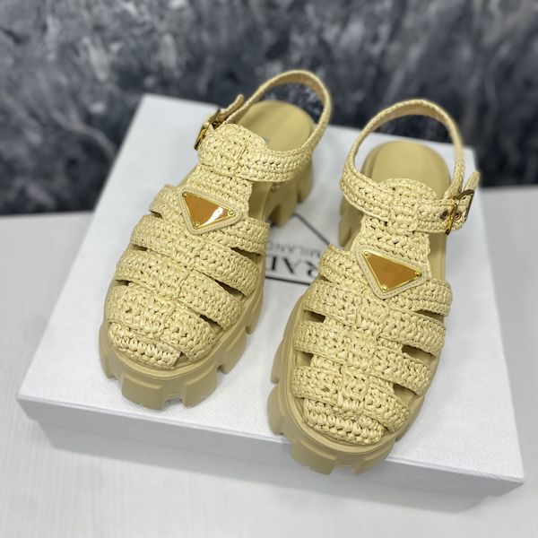 

triangle logo monolith raffia fisherman sandals in natural beige crochet caged platform sandal chunky rubber sole wedges summer slipper thic, Black