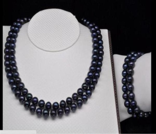 

2 row 89mm tahitian black south sea pearl necklace bracet273y3868152, Silver