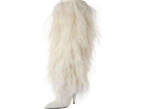 

fashion boots pointed toes white faux fur high heels winter women shoes botas party knee boots8298685, Black