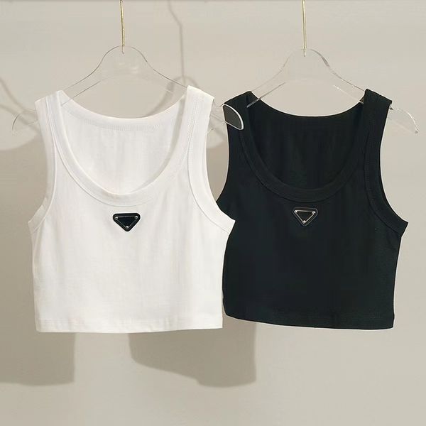 

women tees beige crop embroidery of shoulder black tank casual sleeveless backless shirts luxury designer solid color lady vest, White