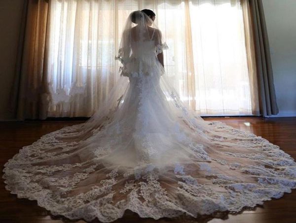 

elegant cathedral length long bridal veil three layer lace applique tulle wedding veils with comb6457942, Black