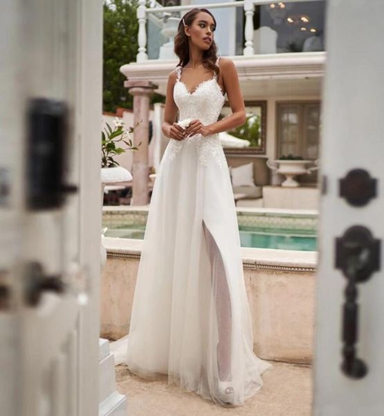 

a line tulle evening dresses simple vestido de noiva lace appliques sweetheart straps open back side slit bridal gowns custom3414703, Black;red