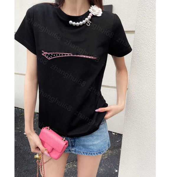 

23ss womens designer clothing tee womens t-shirt pure cotton embroidery positioning stereo pearl necklace decoration short sleeve t-shirt wo, White