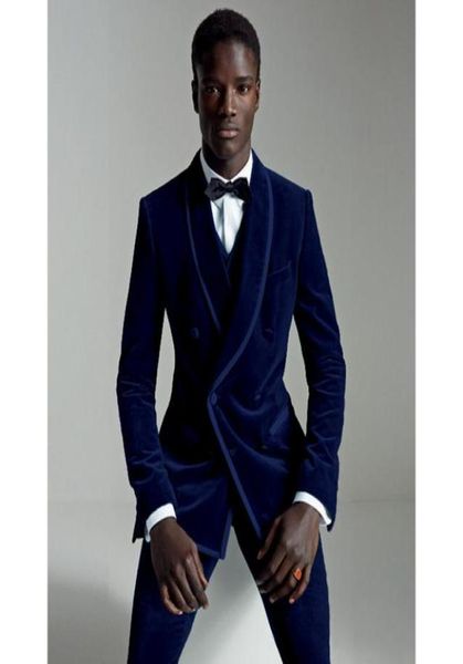 

2018 latest coat pant designs navy blue velour slim fit men suit set groom tuxedo velvet party prom wedding suits 3pcs jacketpan9739848, Black;gray