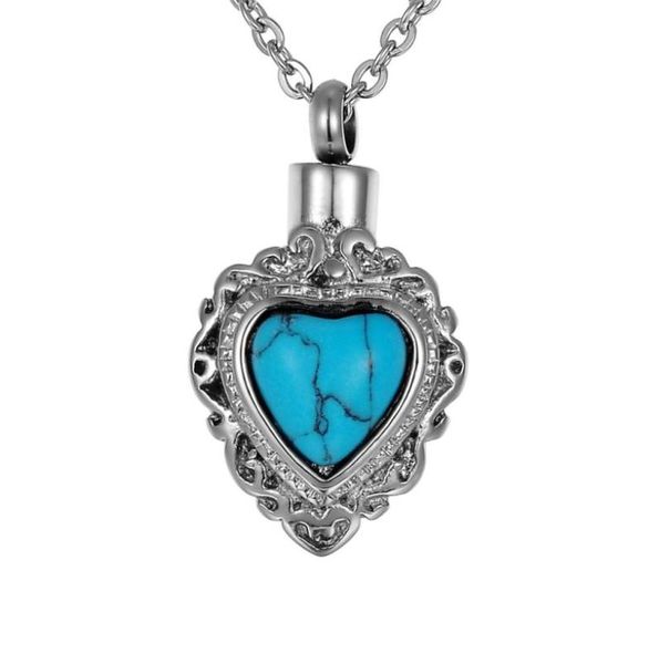 

lily stainless steel cremation jewelry retro pattern embed turquoise memorial urn necklace ash keepsake with gift bag and chain1863267, Silver