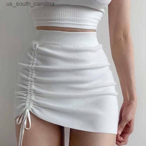 

skirts white high waist stretch side drawstring skirt women club slim knitted short skirt all-match fashion mini skirt black l230522