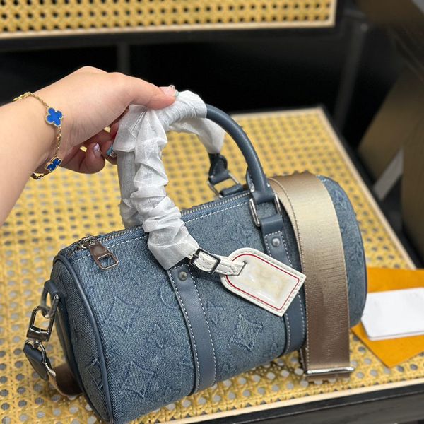 

23ss womens luxurys designers speedy 25 tote bag denim grey flowers pillow wide shoulder strap crossbody women handbag with original silver