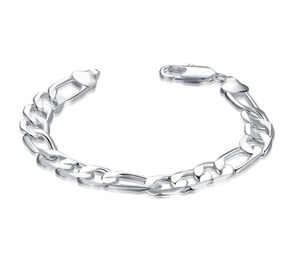 

925 silver charm chain bracelet men 10mm 8 inches long figaro chain 10pcs lot21619261622032, Black
