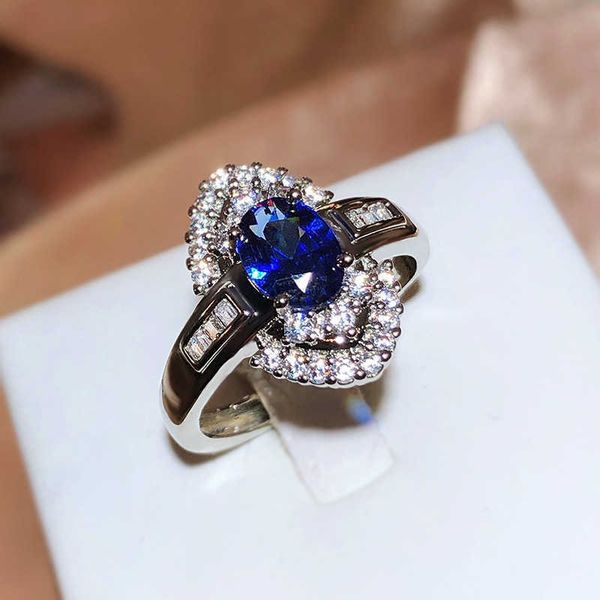 

band rings luxury sapphire oval shape full diamond blue 925 silver ring for women oval geometric valentine's day gift jewelry aa230530