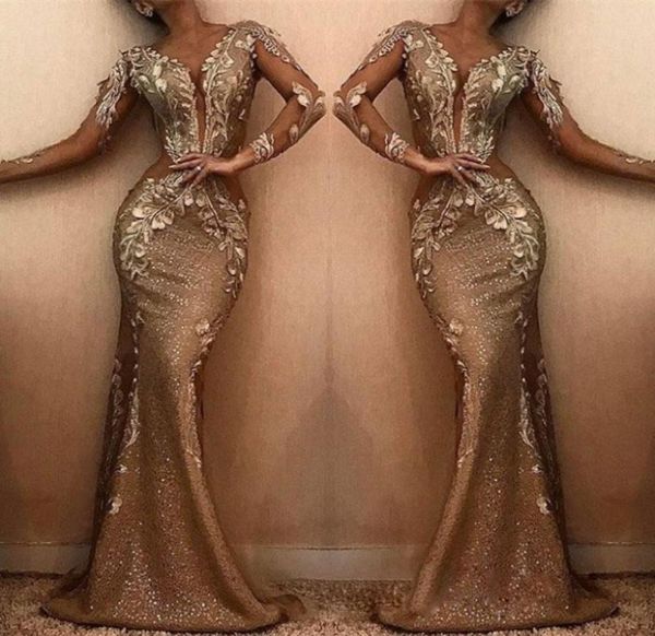 

sparkly gold sequined mermaid evening dresses sheer plunging neck long sleeves plus size prom gowns sweep train appliqued formal d2438012, Black;red