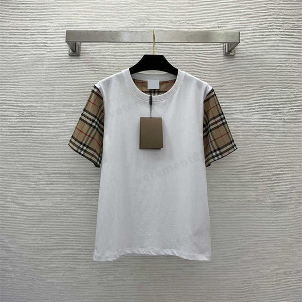 

high version t shirts womens summer classic checkered patchwork loose round neck short sleeve tshirt cotton casual luxury clothing 0912, White