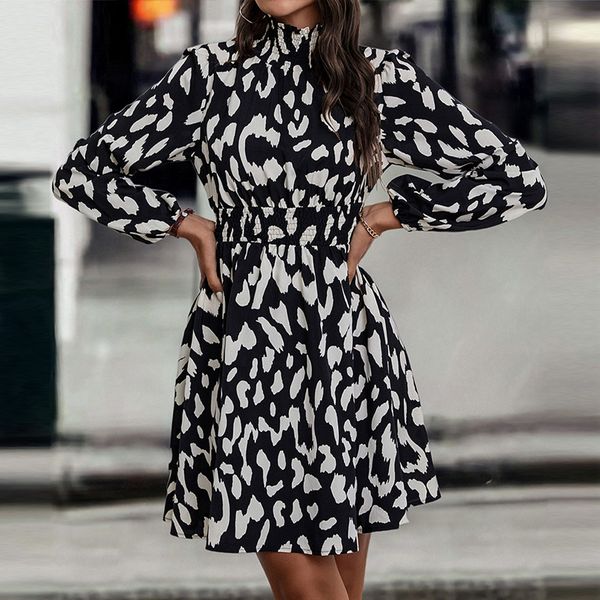 

pleated print long sleeve casual dresses, Black;gray