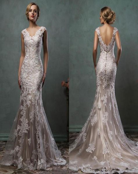 

vintage amelia sposa lace appliques mermaid wedding dresses 2023 vneck chapel train plus size bridal party gowns9317661, White