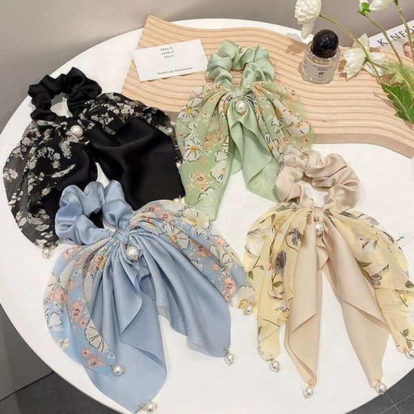 

korean elegant big bowknot floral hair scrunchies women pearl pendant long ribbon ponytail scarf knotted elastic hair bands, Pink