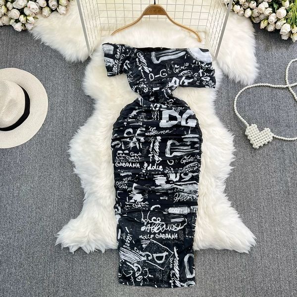

fashionable and women's style off shoulder off shoulder waist elastic slim letter printing mesh wrap hip dress, Black;gray