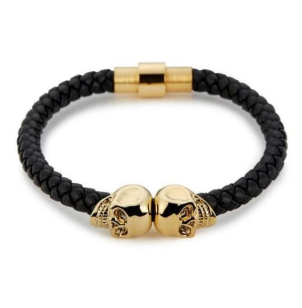 

sell mens black genuine leather braided skull bracelets men women stainless steel gold north skull bangle fashion jewelry6019381, Golden;silver