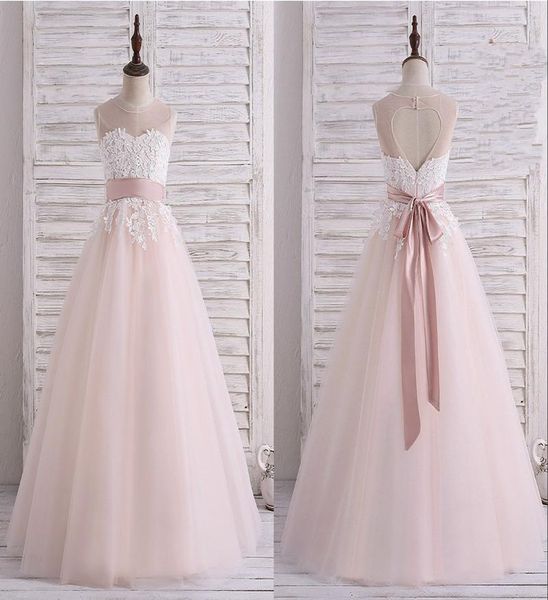 

cute blush designer flower girls dresses 2022 sheer neck lace applique keyhole back floor length first communion dress 338395, White;blue