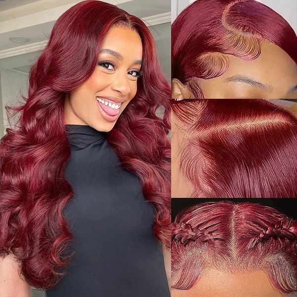 

99j 13x4 lace front body wave human hair wig for black women burgundy wine red body wave lace frontal wig pre plucked, Black;brown