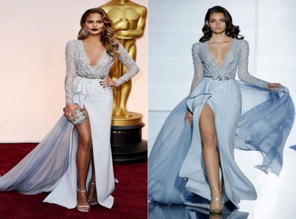 

zuhair murad 2019 split evening dresses long sleeved plunging neckline side slit embellished beading chrissy teigen prom celebrity8878008, Black;red
