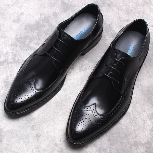 

mens formal brogue shoes burgundy black oxfords business lace-up genuine cow leather pointed toe dress wedding shoes for men