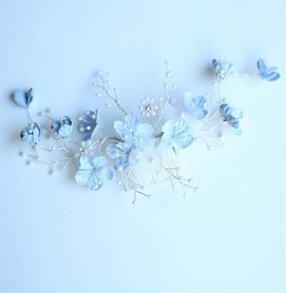 

jonnafe light blue floral hair comb wedding accessories pearls bridal jewelry handmade women ornaments 2110196806649, Silver
