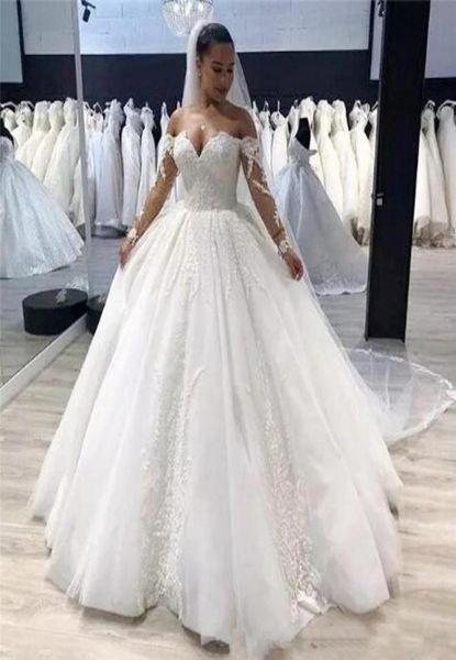 

plus size ball gown wedding dress vintage lace appliques off shoulder long sleeves wedding gowns 2019 zipper back country bridal g7269494, White
