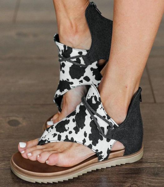 

sandals zipper flat women 2021 cows print tstrap roman shoes summer lace up flip flops sandalias mujer5839084, Black