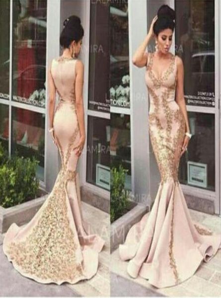 

blush pink satin mermaid v neck evening dress with gold lace appliques formal event gown5466470, Black;red