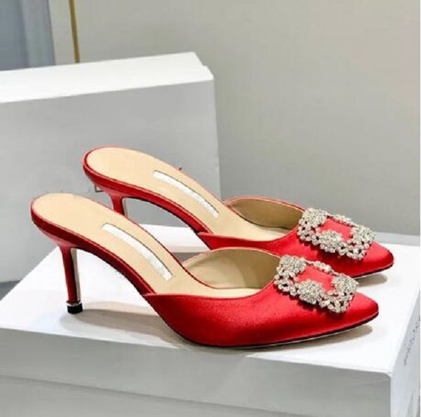 

09 banquet luxury designer slippers rhinestone buckle shoes women's 7cm thin high heels latest fashion silk crystal metal decorative wo, Black