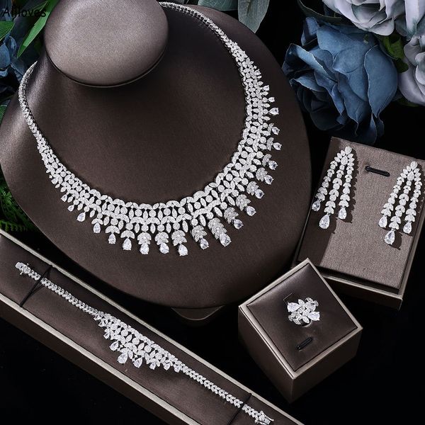 

luxury crystals dubai arabic nigeria bridal zirconia jewelry sets for wedding sparkly diamond women party jewelry necklace earrings bracelet, White