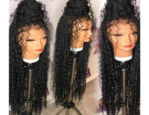 

new natural 13x4 lace frontal goddess box braids wigs curly style part synthetic swiss lace front wigs for black women51828147814147, Black;brown