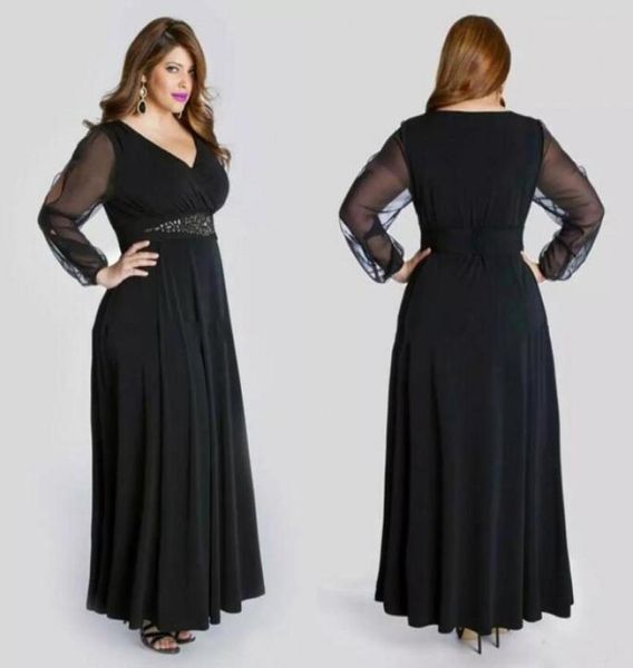 

black chiffon plus size prom dresses long with illusion sleeves 2019 v neck beaded sash ankle length formal dresses custom m4984698