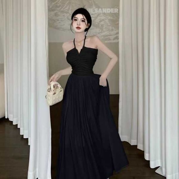 

women pleated retro versatile lace up long dress elegant solid sleeveless halter v neck backless evening party slip dresses, Black;gray