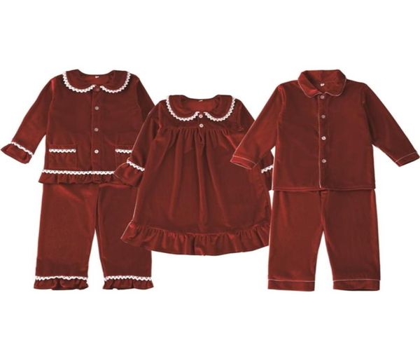 

xmas pjs red velvet button up christmas pyjamas kids sleepwear matching pj girls pijama sets 2111097954478, Blue;red