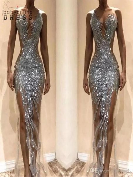 

gorgeous silver mermaid prom dresses 2022 see through sequins bodice split long women occasion evening gowns custom made5745024, Black;red