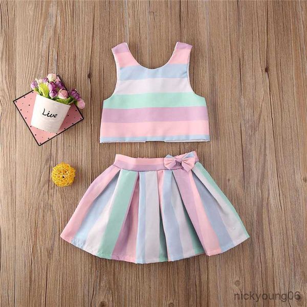 

clothing sets fashion infant baby girl clothes set rainbow stripes sleeveless vest princess skirts party outfits summer, White