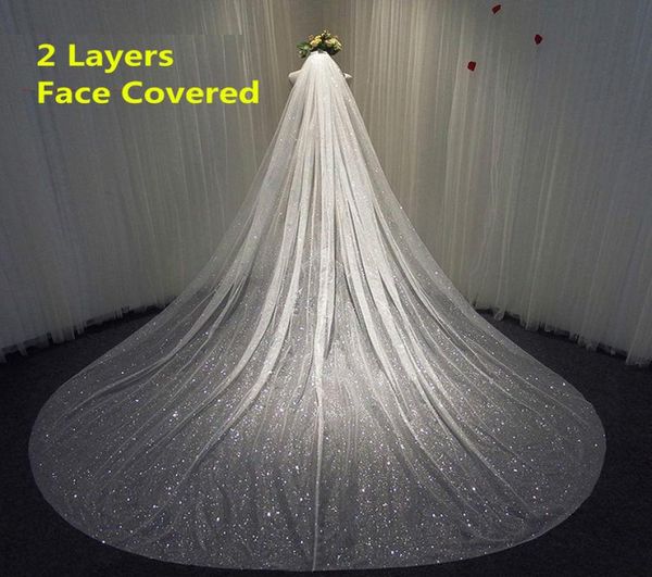 

two layers bling bridal veil long sparkly glittering white champagne cathedral sequins blusher facecovered veil with comb x07264634262, Slivery;golden