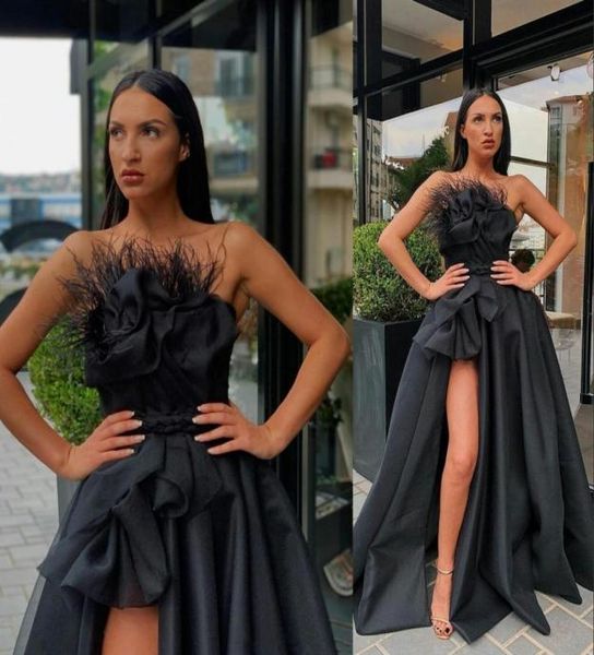 

2021 black evening dresses wear strapless sleeveless with feather side high split a line satin tulle prom dress formal specia6814314, Black;red
