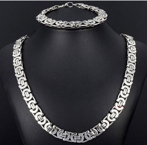 

new style jewlery set 8mm silver tone flat byzantine chain necklace bracelet 316l stainless steel bling for fashion mens xmas gi4474128