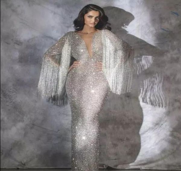 

luxury evening dresses yousef aljasmi labourjoisie mermaid silver tassels v neck kylie jenner zuhair muradant party prom dress8302824, Black;red
