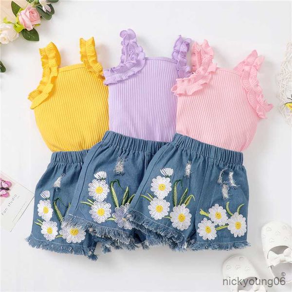 

clothing sets fashion summer newborn baby girl clothes set sleeveless knitting romper vest and denim floral short pants infant 2pcs outfits, White