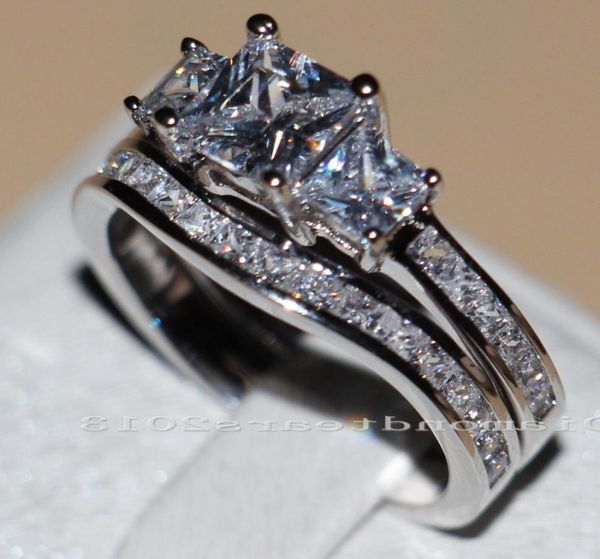

victoria wieck three stones princess cut vintage jewelry 10kt white gold filled z cz diamond wedding bridal rings set for wome9653927, Slivery;golden
