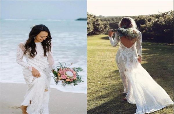 

amazing boho bohemian wedding dresses beach 2022 romantic lace long sleeve bateau v open back bridal dress gowns vestido de novia2157371, White