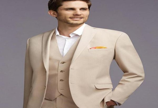 

two button beige groom tuxedos notch lapel groomsmen man suits mens wedding suits jacketpantsvesttie 4349098661, Black;gray