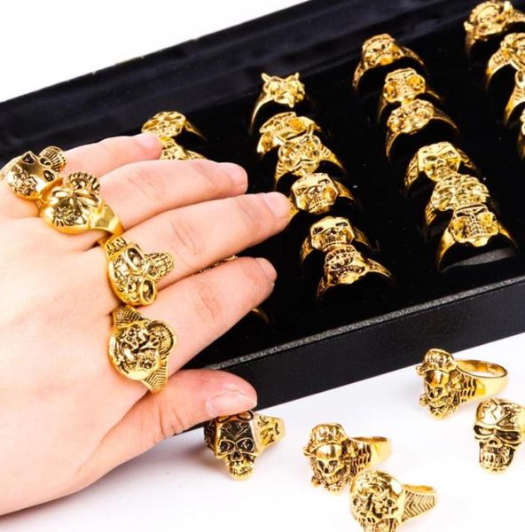

rings for men 50pcs mixed gold plated uality gothic punk assorted whole lots skull punk biker style bikers men039s vin8304085, Golden;silver