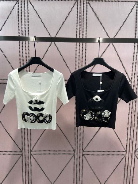 

women's sweaters 2023 summer sequin embroidery pullover women letter flower knitted sweater u-neck short sleeve casual jumper, White