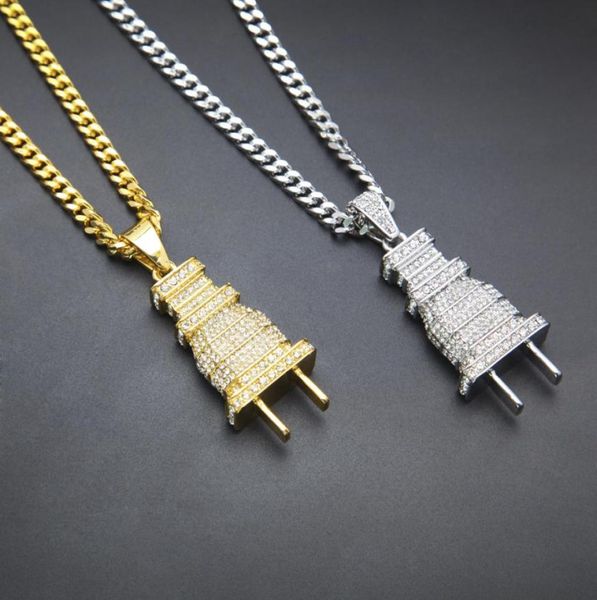 

iced out bling men micro pave full rhinestone plug pendant necklace gold silver plated charm cuban chain hip hop jewelry1016964