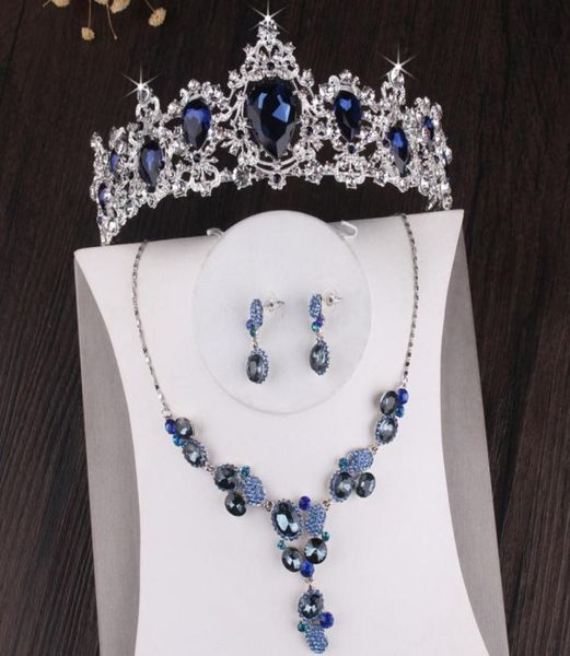 

baroque luxury silver plated blue crystal bridal jewelry sets necklace earring tiara crown set wedding african beads jewelry set2174076, Slivery;golden