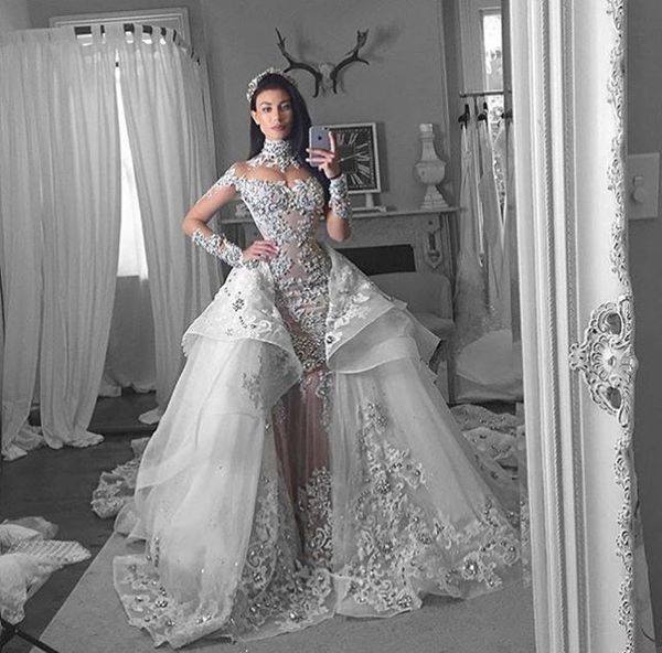 

modest mermaid detachable train bridal gown high neck long sleeve appliques crystal wedding dress over skirts ruffles organza wedd2987733, White